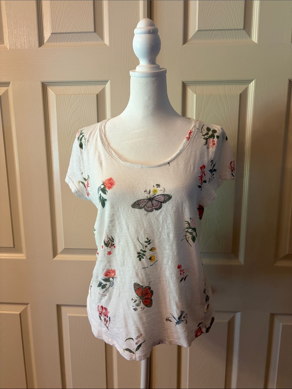 Lucky Brand White Scoop Neck Tee with Butterfly & Floral Print